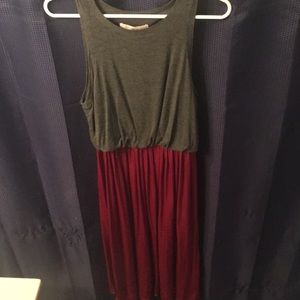 Gray top cranberry red bottom maxi dress